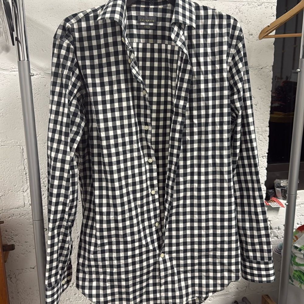 Calibrate Men’s Blue & White Checkered Dress Shirt NWOT Trim Fit - Size Large